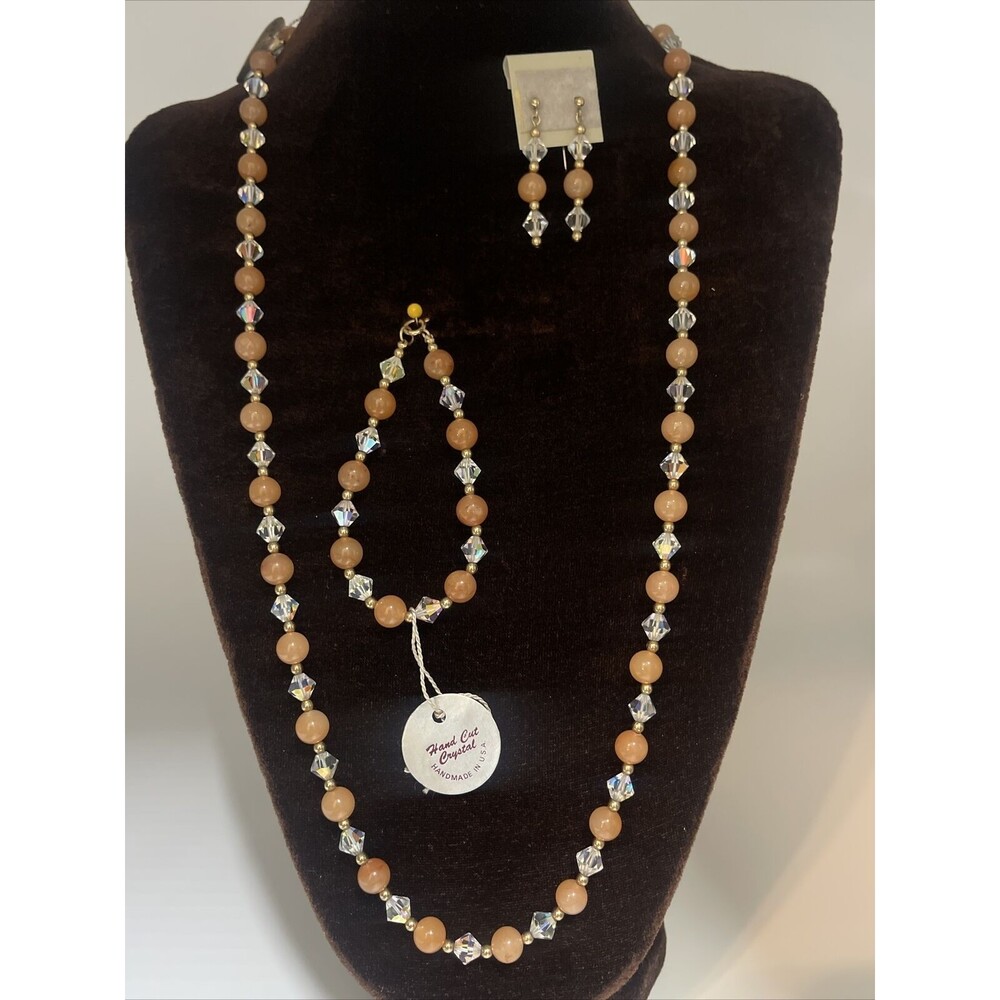 Peach Adventurine Stone & AB Bicone Crystal Necklace, Bracelet & Earring Set New